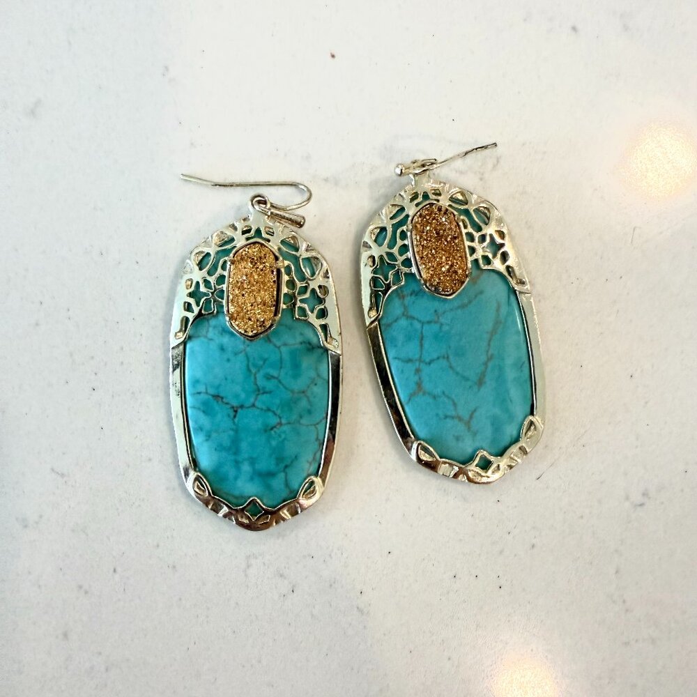 Kendra Scott Deva Turquoise and Gold Drusy Statement Earrings with Gold Filagree